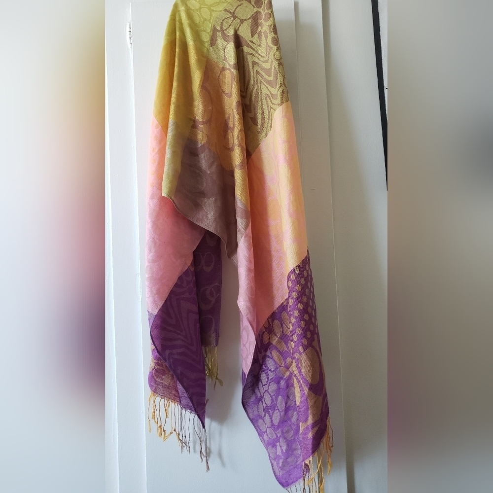 Pashmina Fringe Scarf of Purple, Pink & Green - Picture 6 of 6